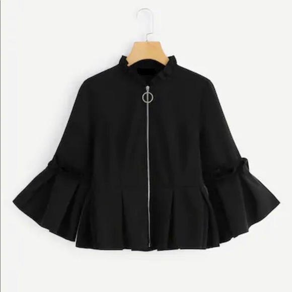 amourOC Jackets & Blazers - Zipper Ruffle Bell Sleeves Jacket Blazer Black